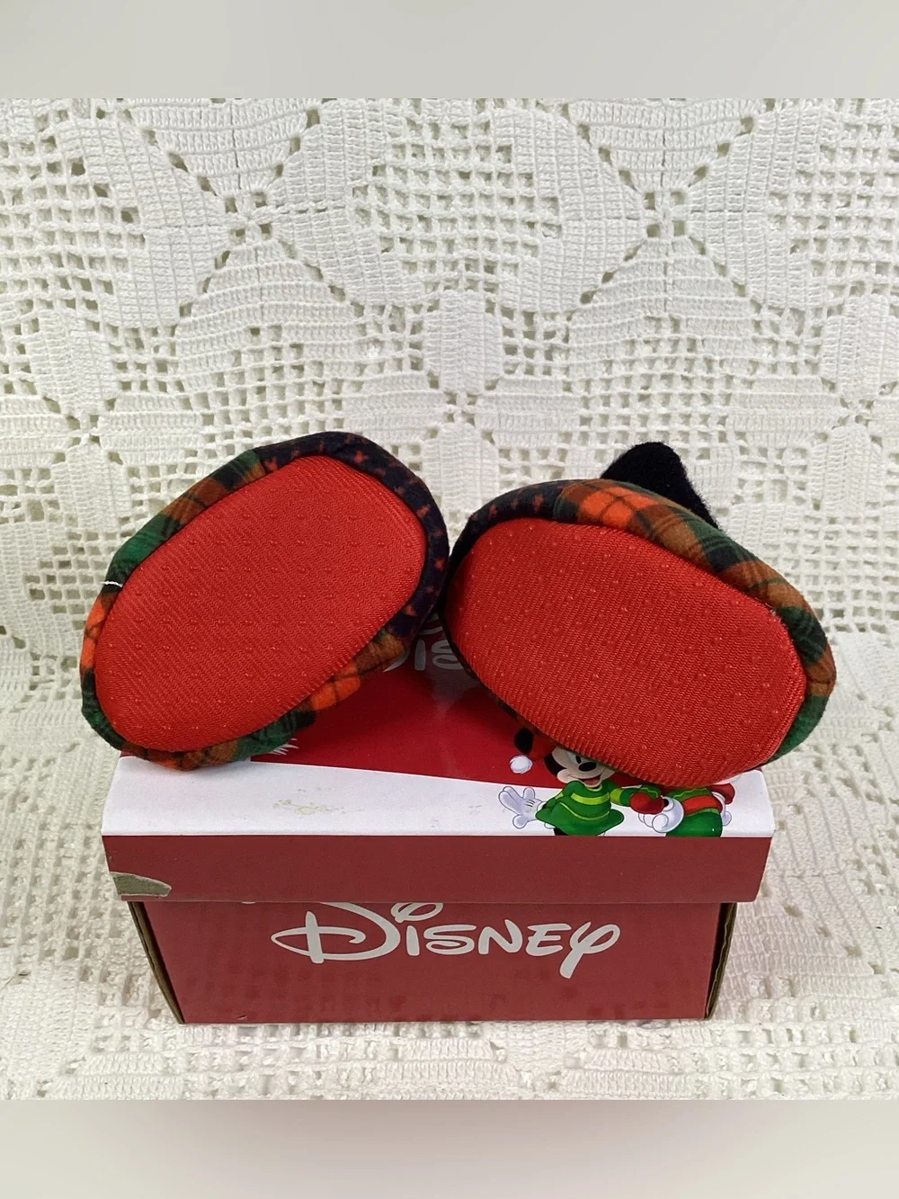 Disney Plaid Minnie & Mickey Baby Booties in Red and Green